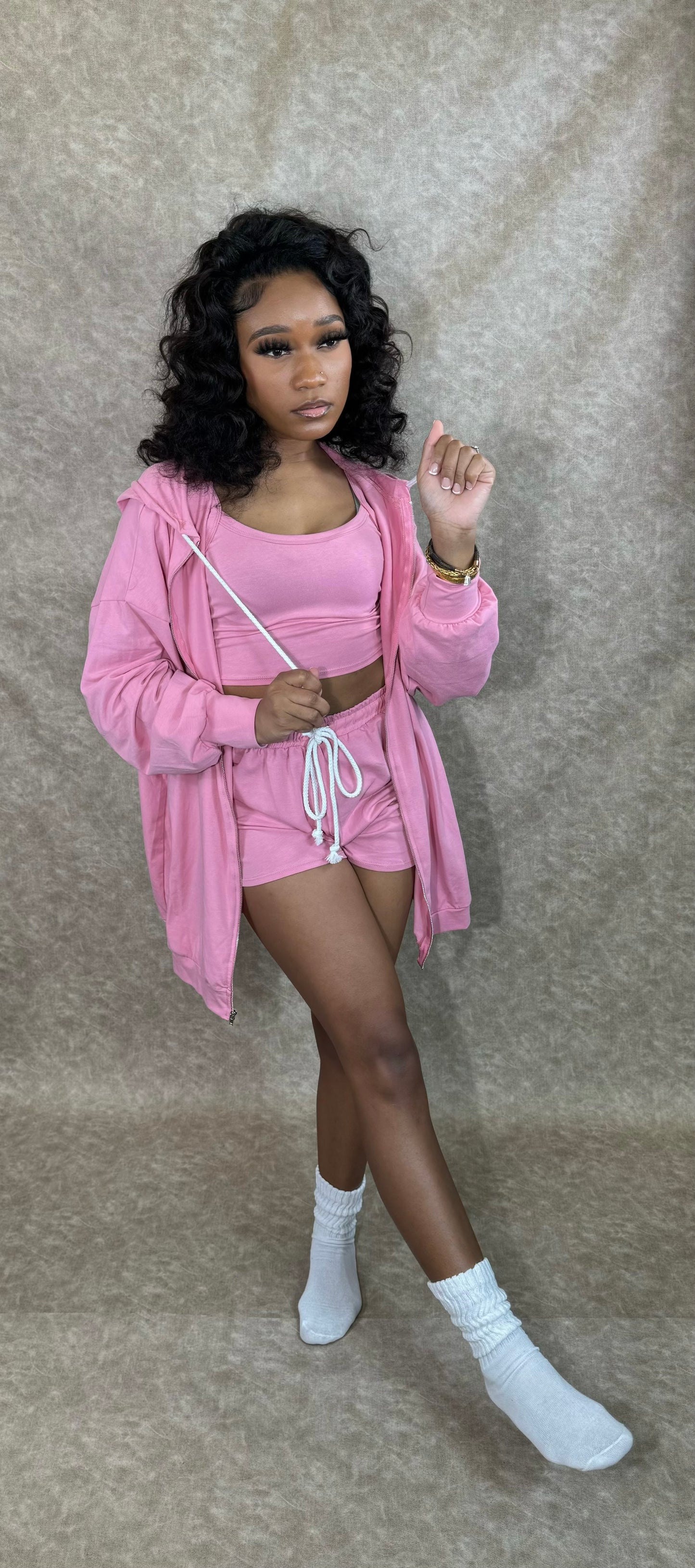 3 Piece Casual Loungewear Short Set(Pink)