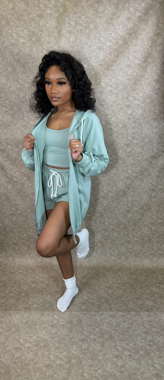 3 Piece Casual Loungewear Short Set(Sage)