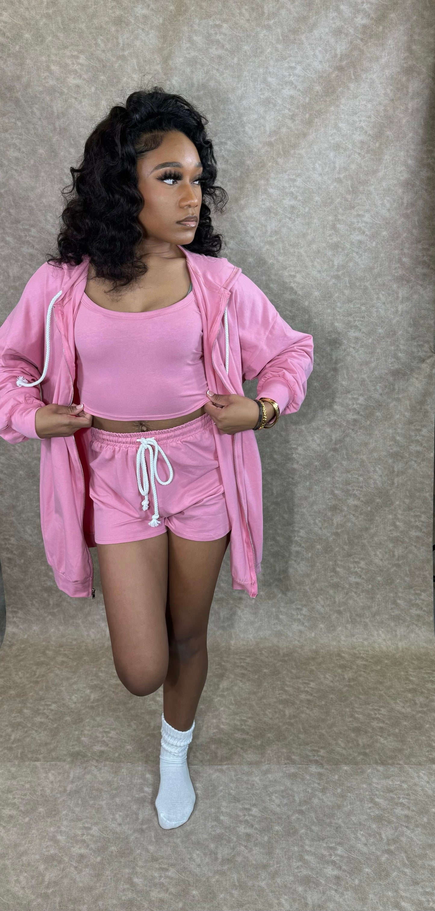 3 Piece Casual Loungewear Short Set(Pink)