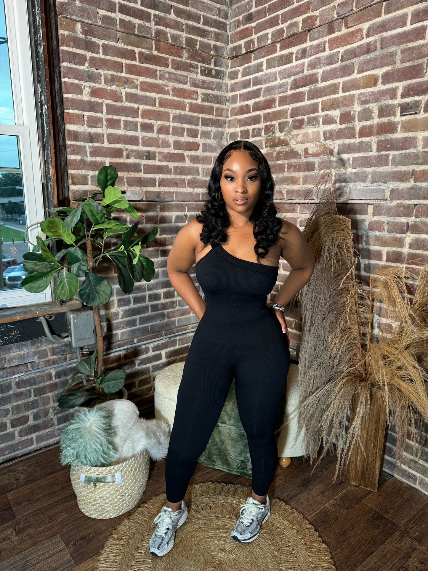 One Shoulder Ribbed Knit Jumpsuit(Black)