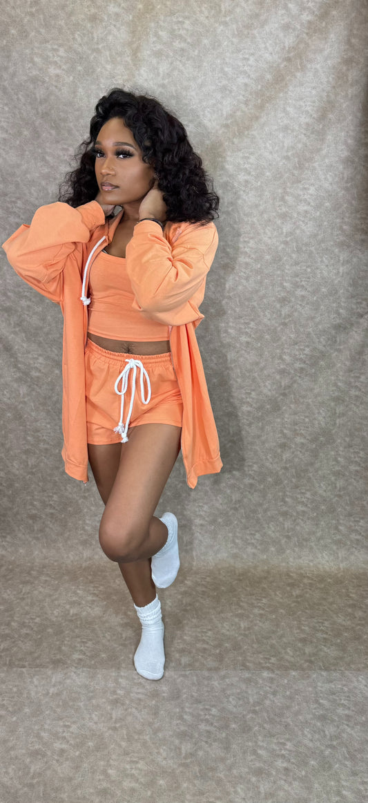 3 Piece Casual Loungewear Short Set(Tangerine)