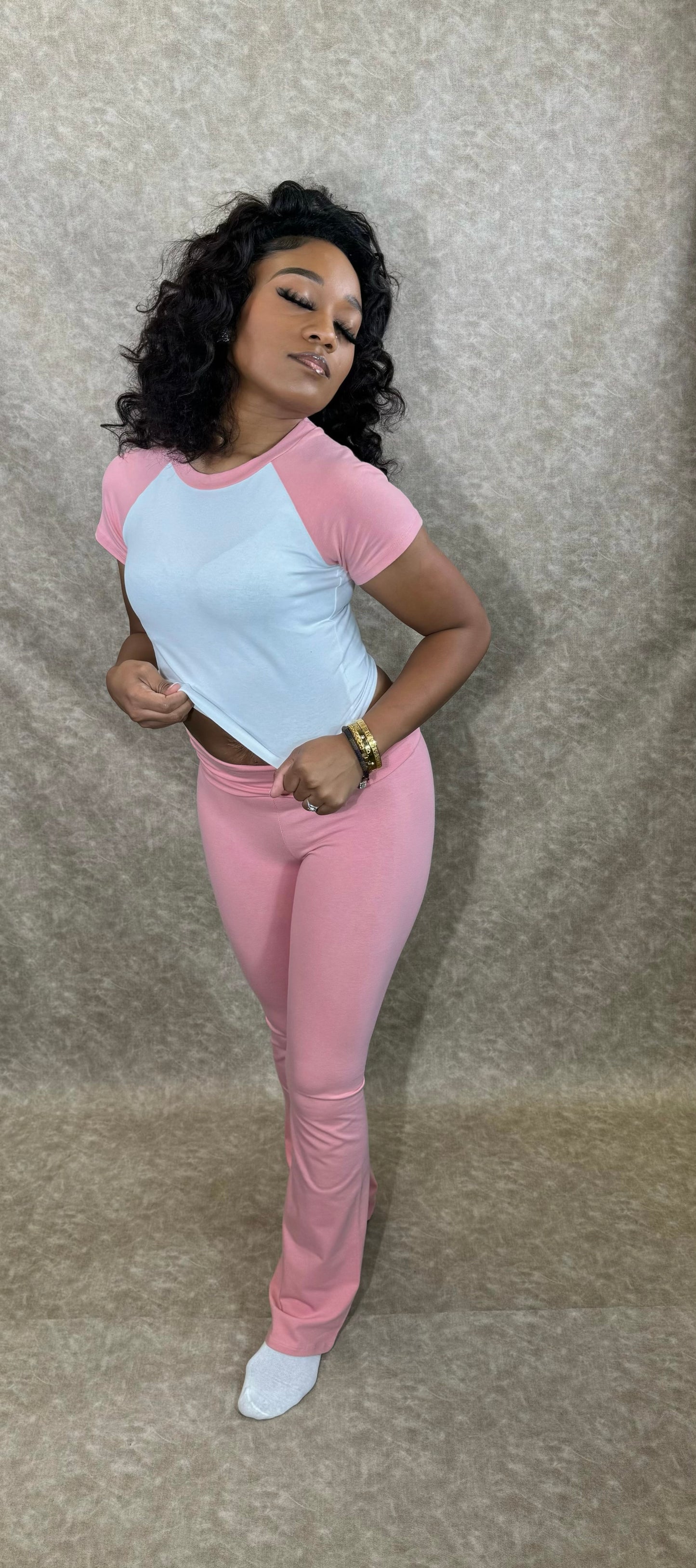 Color Block Basebell Tee Lounge Set(PINK)