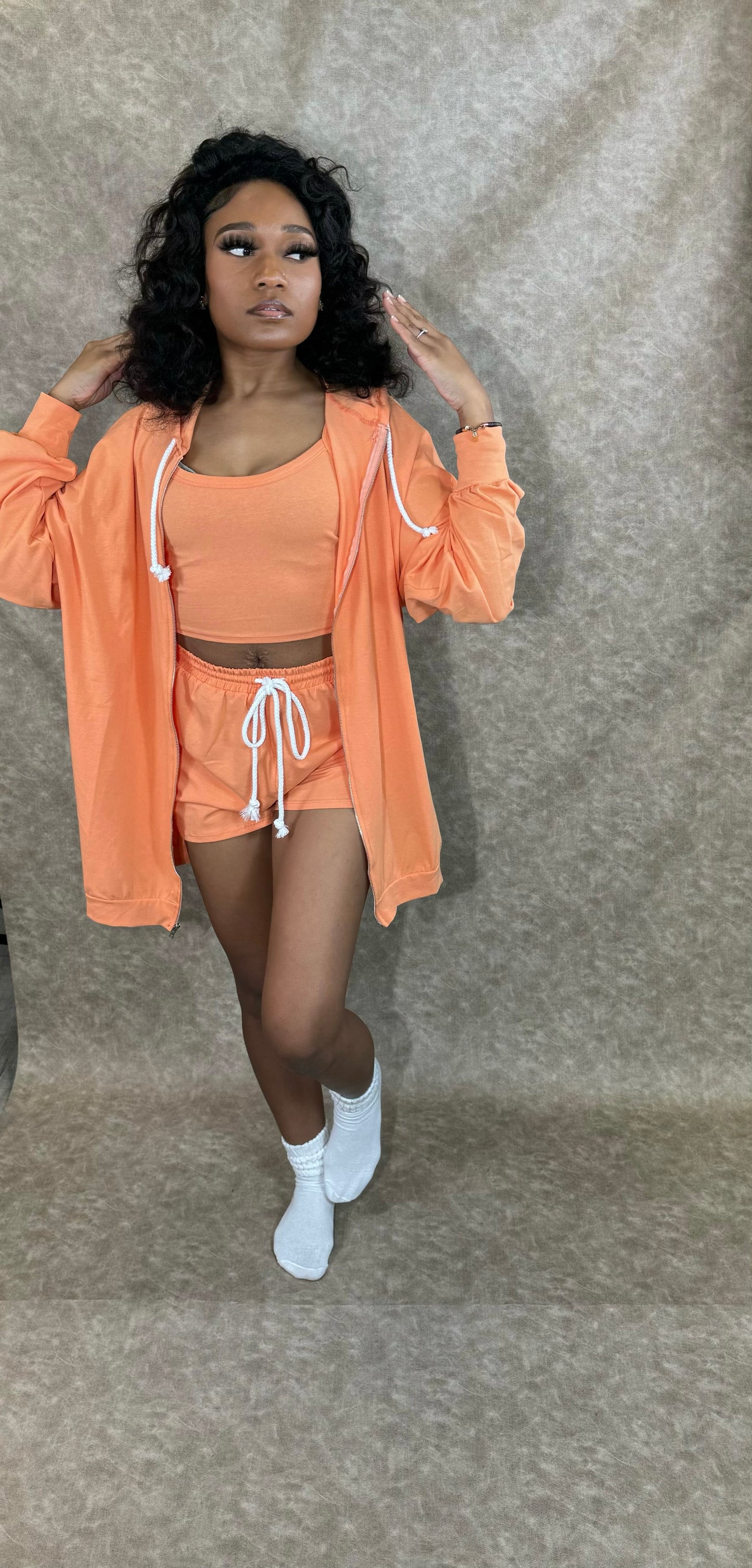 3 Piece Casual Loungewear Short Set(Tangerine)