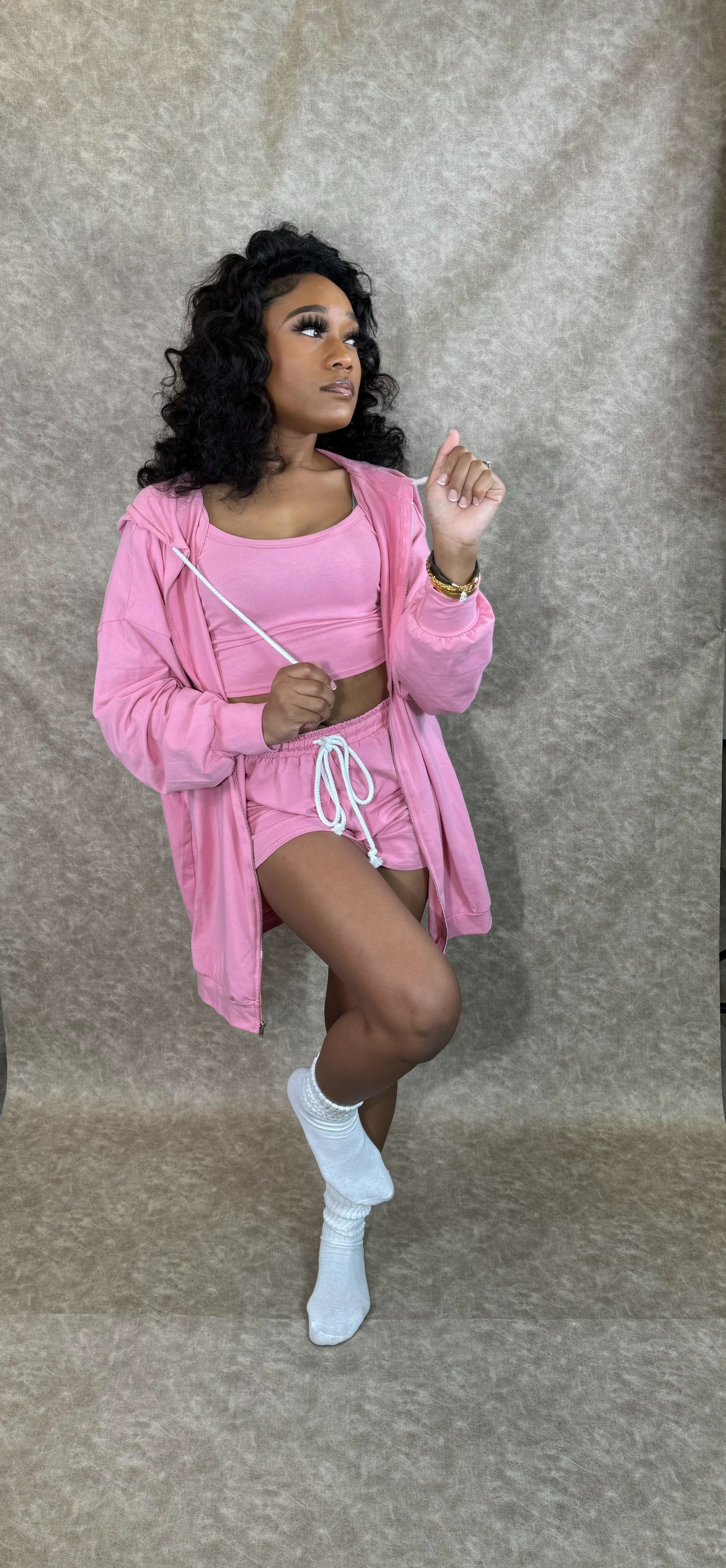 3 Piece Casual Loungewear Short Set(Pink)