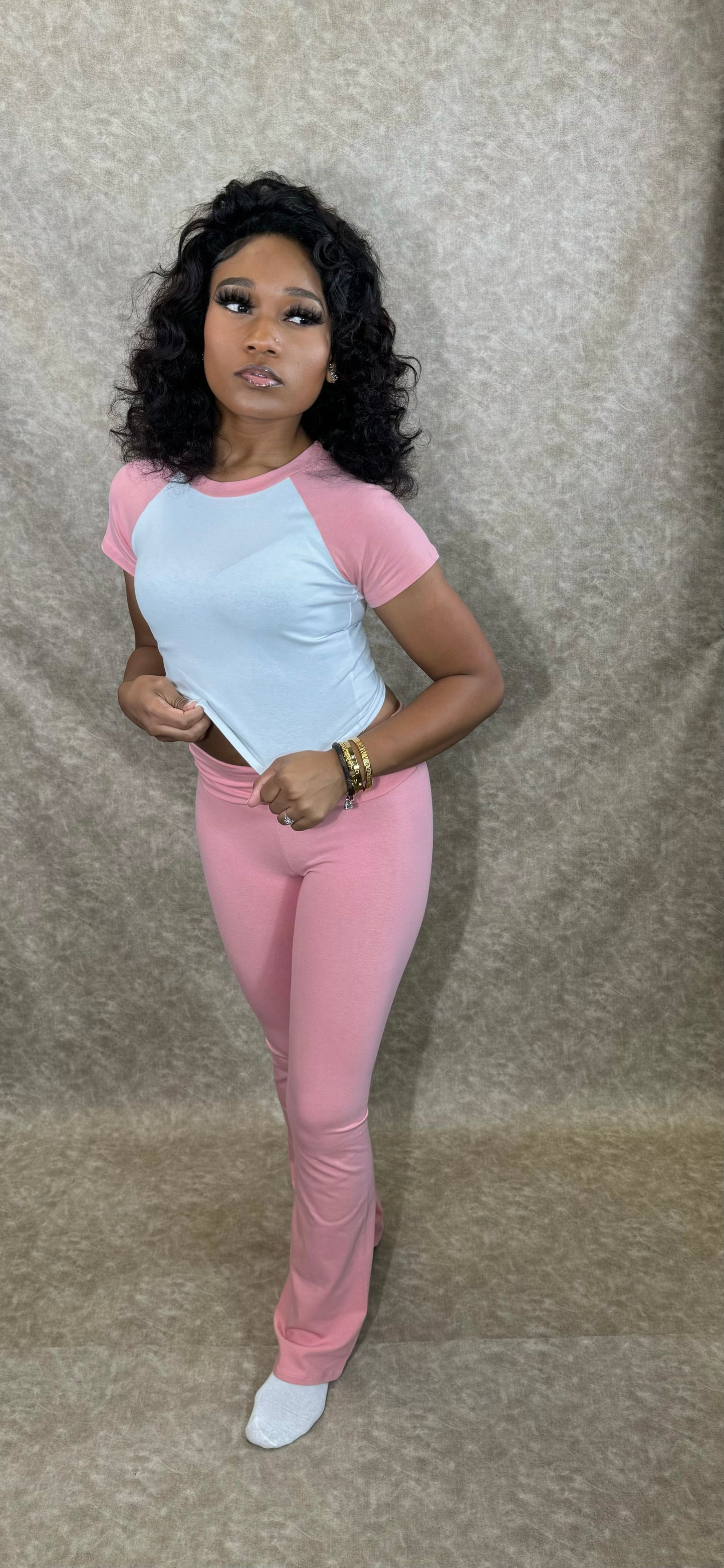 Color Block Basebell Tee Lounge Set(PINK)