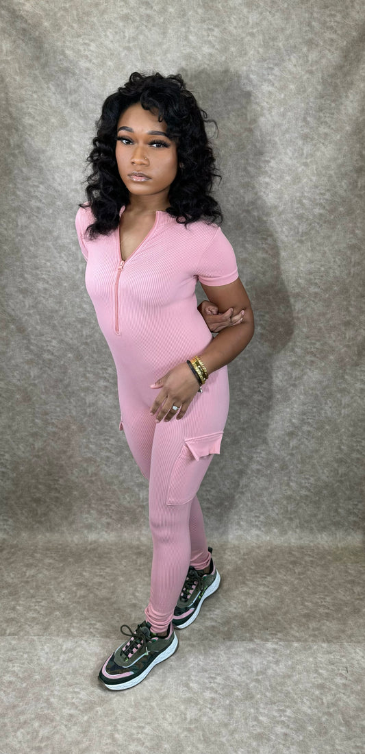 Ribbed Knit Front Zip Jumpsuit(Pink)